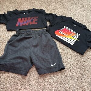 Nike Kids Black and Red Graphic Tees with Black Shorts